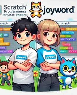 DALL·E 2025-01-31 12.28.50 - A thumbnail image for a Scratch programming course for school students, featuring one schoolboy and one schoolgirl, both in grade 6, wearing t-shirts